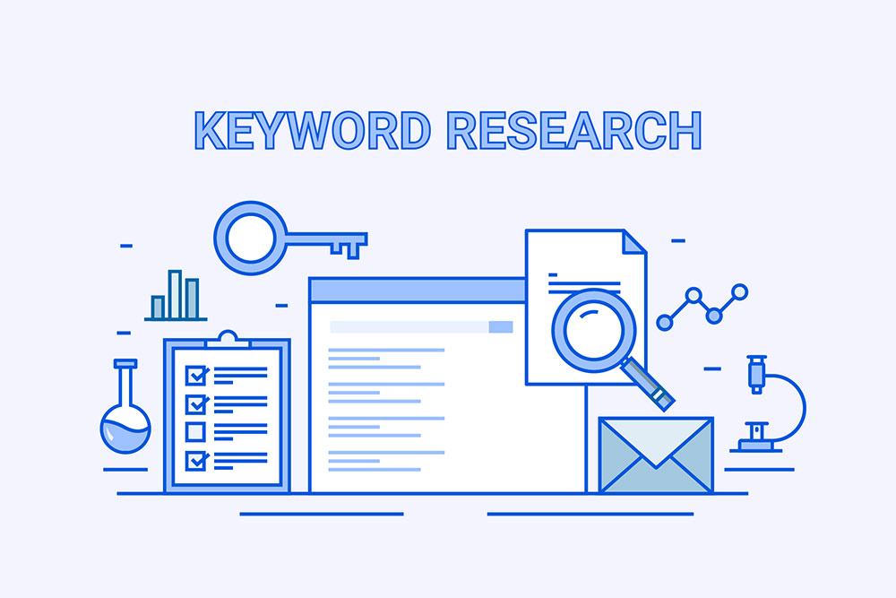 Keyword research, vector graphics of laptop screen, magnifying glass, key, graphs